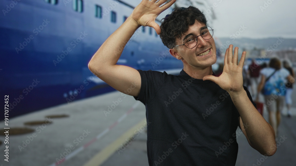 Naklejka premium Man frames his face with hands at port beside a moored ship and smiles, wearing glasses and black shirt; playful curiosity.