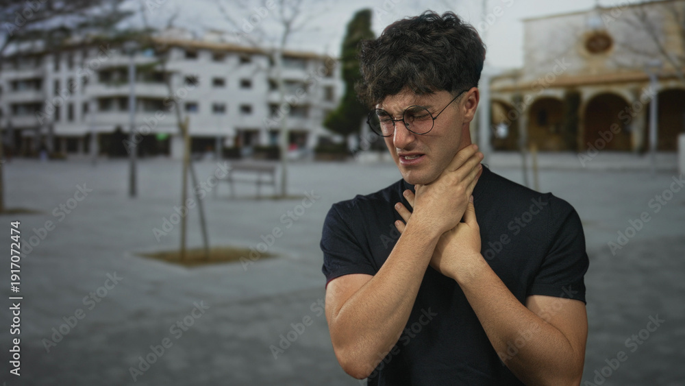 Fototapeta premium Young hispanic man clutching his throat with both hands on a city street plaza, grimacing and choking in pain; panic help needed.