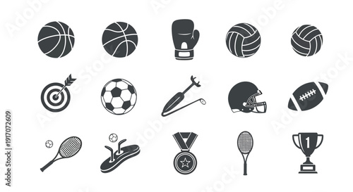 The assortment of sports equipment icons includes balls.