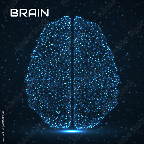 Abstract human brain of glowing particles, technology concept. Vector illustration