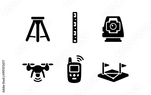 Collection of surveying and construction equipment icons on a white background