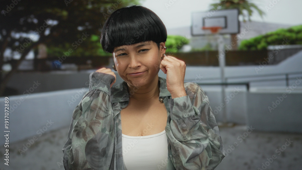 Fototapeta premium Young woman on outdoor basketball court protecting her face with fists, showcasing a defensive stance against a vibrant, lush background.