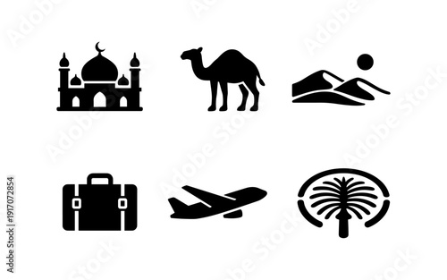 Collection of iconic travel and cultural symbols from the Middle East and beyond