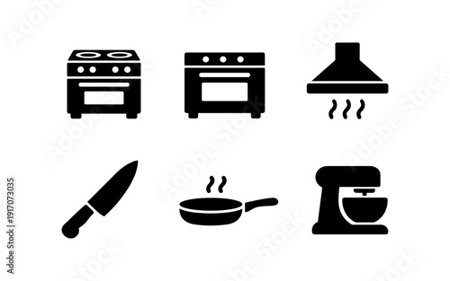 Collection of kitchen appliance icons including stove, range hood, knife, frying pan, and mixer