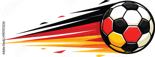 Flying soccer ball with German flag colors and speed lines. Vector illustration of a football in black, red, and yellow, depicting motion and energy, isolated on a white background.