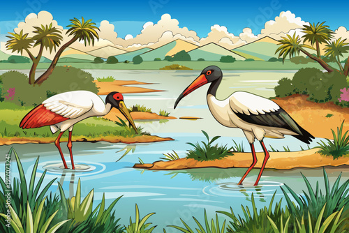 Two African sacred ibis foraging on grassy lakeshore vegetation at Lake Naivasha Kenya natural wildlife scene wetland habitat soft daylight