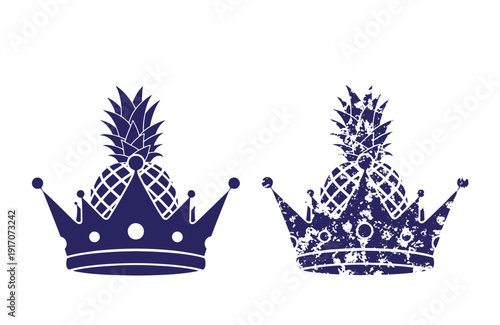 Grunge texture Pineapple crowns royalty symbols with tropical fruit on headwear  monarch and distressed designs Vintage Style