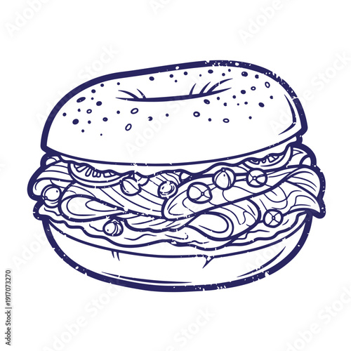 Grunge texture A detailed illustration of a delicious burger with multiple layers of ingredients and a sesame seed bun Vintage Style