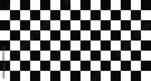 Black and white checkerboard pattern background. Seamless geometric square grid texture for racing flags, textile, or graphic design. Vector illustration.