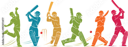 Cricket player silhouettes vector collection. Includes 6 distinct player actions: bowler, batsman, wicketkeeper, and fielder poses. Created in a vibrant gradient color style with a dynamic white