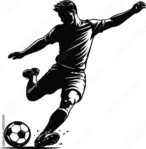 Dynamic vector illustration of a male soccer player in mid-kick action, rendered in a striking black silhouette style. The athlete is depicted with strong athletic form