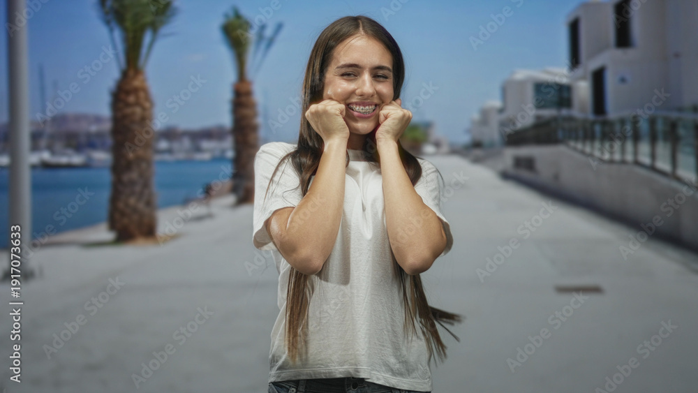 Fototapeta premium Teenage girl showing braces and raised fists on a sunny street by palm trees and marina, smiling broadly while walking toward camera; youthful joy.