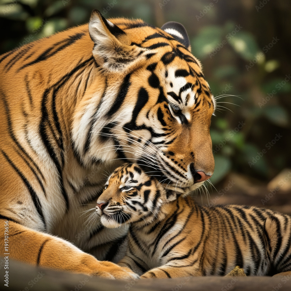 Obraz premium Tiger and Cub Resting Together.