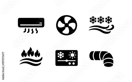 Set of climate control and HVAC system icons representing heating, cooling, and ventilation
