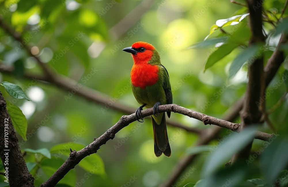 Fototapeta premium Small red and green bird perched on a tree branch in a lush forest. The avian has bright red plumage on its head and chest. Its green body feathers blend with foliage. Natural habitat setting.