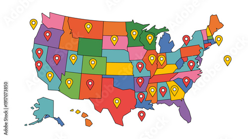 united states map illustration featuring colorful states and location pin markers, designed for travel destination concepts, regional data visualization, and professional geographic presentations.