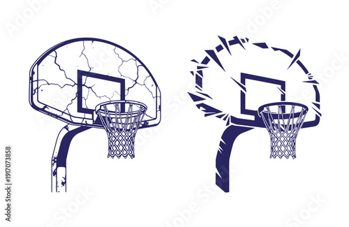 Grunge texture Two basketball hoops with cracked backboards in navy blue color  sports equipment and accessories Vintage Style