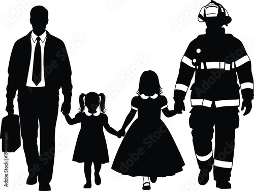 Silhouette of Firefighter and Businessman Fathers Holding Hands With Their Two Young Daughters Walking Together as a Happy Modern Family