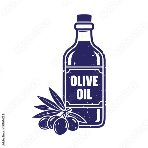 Grunge texture Dark blue illustration of a bottle of olive oil with olives and leaves on white background  food and drink concept Vintage Style