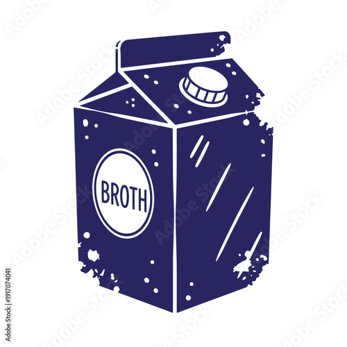 Grunge texture Dark blue illustration of a carton of broth with a white label and splatters  food and drink concept Vintage Style