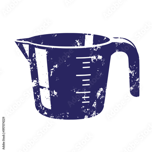 Grunge texture distressed blue measuring cup with handle and measurement markings on side one Vintage Style