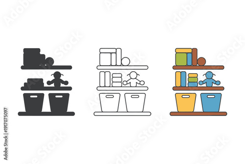 Toy storage shelf unit displays bins and small items in three distinct.