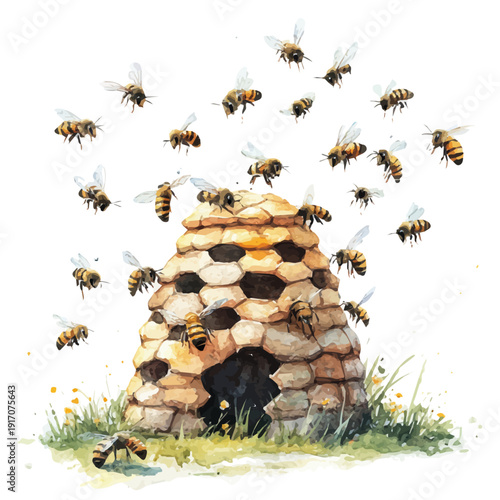 Beehive, clipart watercolor vector with gentle, isolated on a white background.