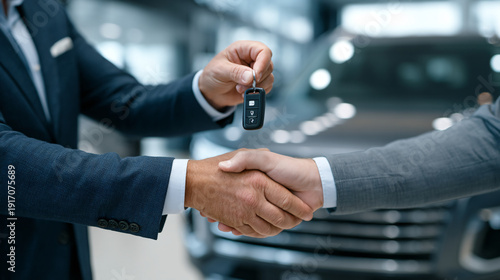 Two people shaking hands, one handing over car keys in a showroom.