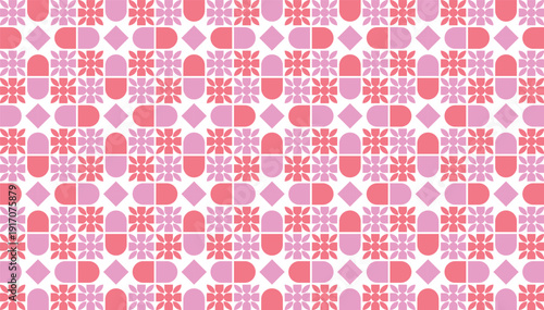 Abstract pink pharmacy pattern. Mid-century modern inspired medical wallpaper for wellness and healthcare branding.
