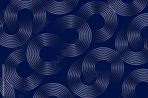 Abstract navy blue background with overlapping silver infinity loops and concentric circles