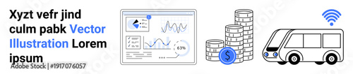 Business analytics, finance management, smart transportation, investment growth, data visualization, connectivity solutions. Graphical interface, stacked coins and a connected vehicle. Business