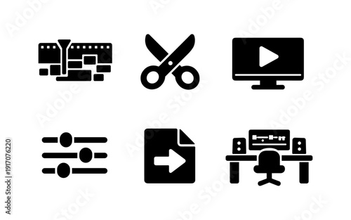 Set of video editing icons representing timeline, scissors, playback, sliders, export, and workstation