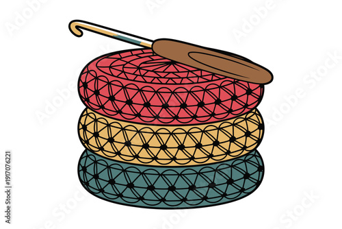 Crochet hook rests upon a stack of colorful yarn rounds representing crafting.