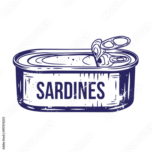 Grunge texture Vintage style illustration of an open can of sardines on a white background Vintage Style