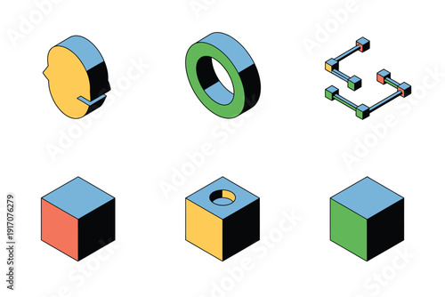 Isometric abstract geometric shapes represent connectivity and modular design.
