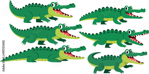 Six green cartoon crocodiles or alligators with open mouths and sharp teeth vector collection. Isolated on transparent background, these reptiles feature a friendly yet fierce expression.