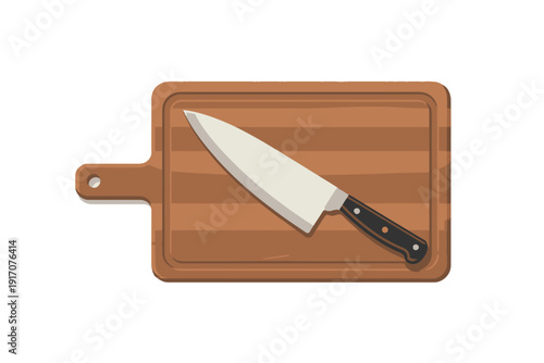 Sharp chef knife rests diagonally upon a wooden cutting board with a handle.