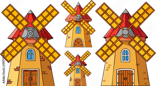 Cartoon traditional windmill vector collection. Includes five different sized and styled old European wind mills with red roofs and wooden blades. Created in a flat cartoon style with a warm