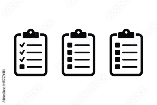 Three black clipboard icons show varying checklist task completion statuses.