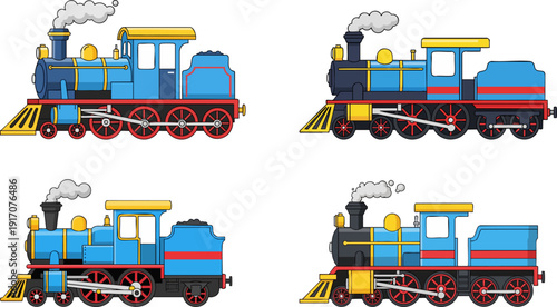 Four blue steam locomotives vector illustration set. Includes different angles and variations of a classic cartoon train with red wheels and yellow accents, isolated on white background.