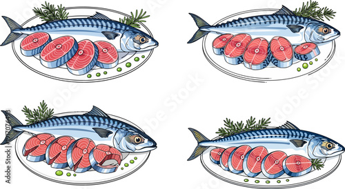 Four mackerel fish and sliced fillets served on a white plate with green garnish, depicted in a hand-drawn vector style, isolated on a white background.