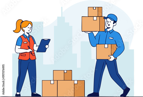 Delivery service vector illustration with a male courier carrying boxes and a female manager checking inventory. The scene depicts efficient logistics and package handling against a city skyline