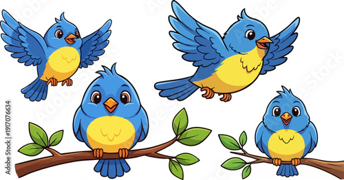 Cute blue bird vector collection. Includes four different cartoon bluebirds in various poses, two flying and two perched on branches. Created in a cheerful flat cartoon style with a bright blue