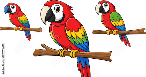Three cartoon red parrots with colorful wings perched on brown branches, isolated on a white background. The central parrot is larger and more detailed, flanked by two smaller, identical parrots.