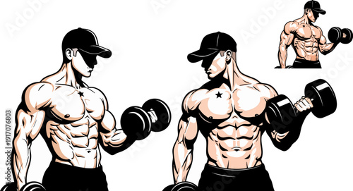 Muscular man lifting a dumbbell vector illustration in two poses, showcasing strong physique and fitness. Created in a detailed, shaded comic book style with a black and white color palette.