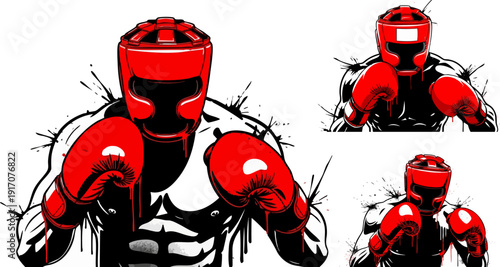 Three vector illustrations of a boxer in a red headguard and gloves, depicted with a dynamic, splattered ink effect. The main illustration shows the boxer from the chest up