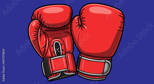 Pair of red boxing gloves with black accents and white stitching, rendered in a detailed cartoon vector style, isolated on a solid blue background.