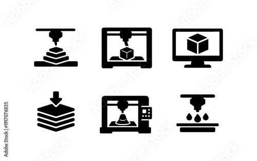 Collection of six black and white icons representing 3D printing processes and technology