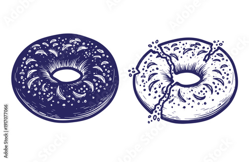 Grunge texture bagels with seeds one whole and one bitten on white background Vintage Style