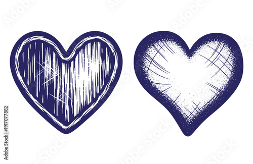 Grunge texture heart shapes with dark blue outlines and white textured interiors on white background Vintage Style
